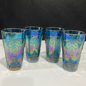 Indiana Glass Iridescent Blue Carnival Harvest Grape Tumblers Vintage Set of 4